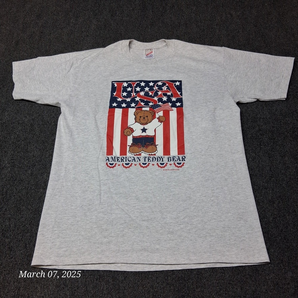VTG JerZees American Teddy Bear USA T Shirt Size Large Heather‎ Gray